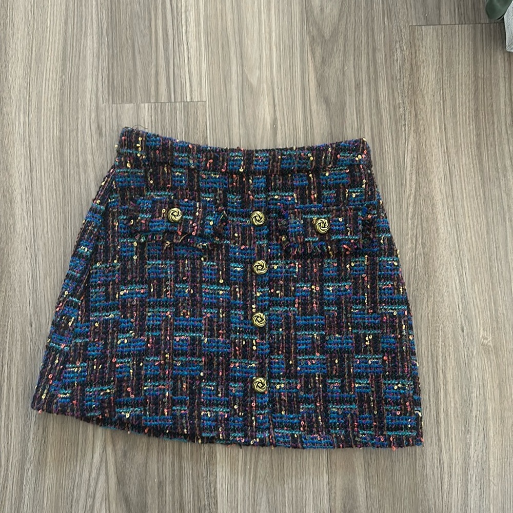 Aqua tweed skirt with gold buttons